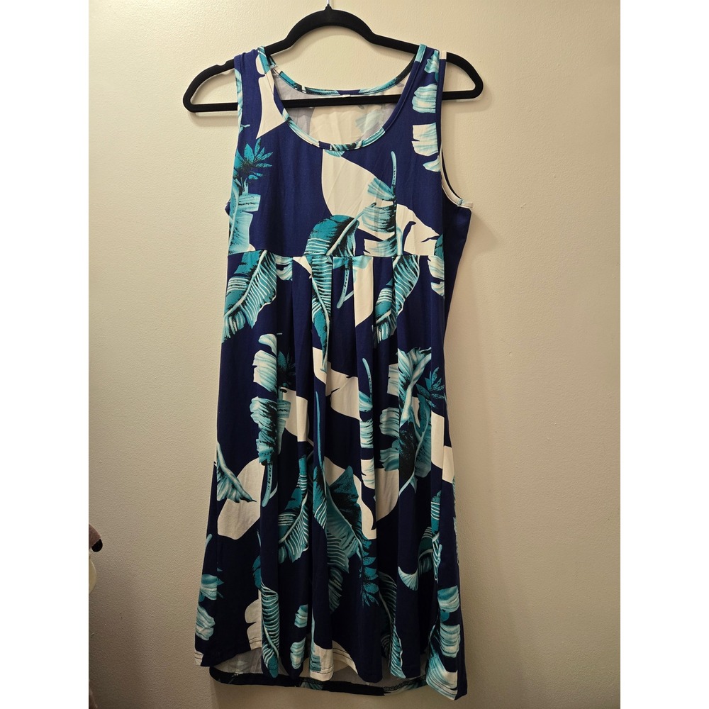 Womens‎ Sleeveless Blue Tropical Leaf Print Midi Dress Size M